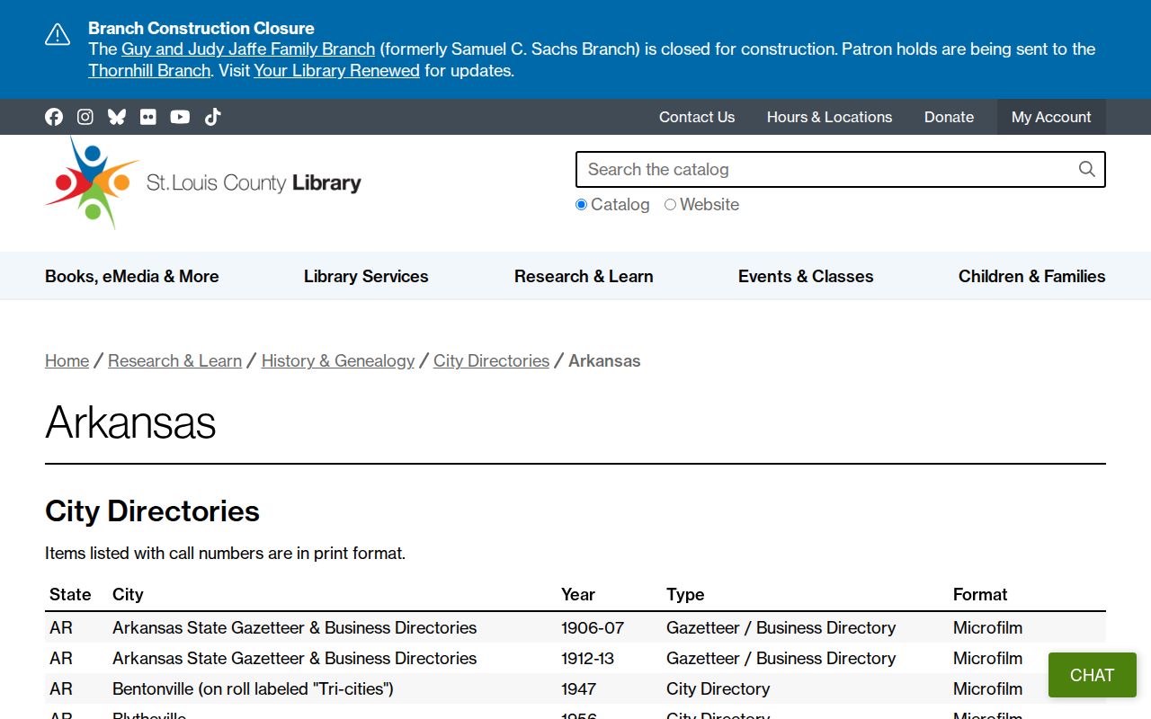 Arkansas city directory collections shown in a year-run inventory for historical resident research