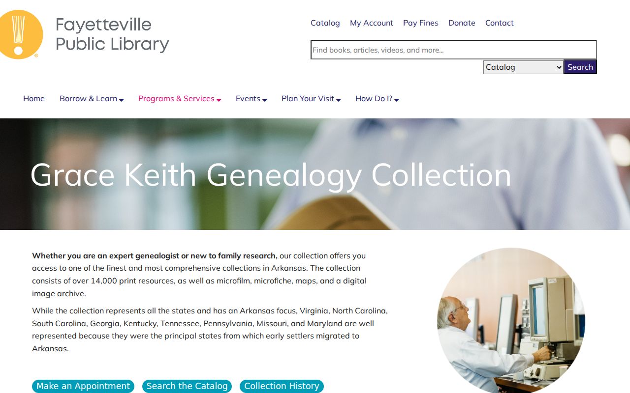 Arkansas previous residents research at Fayetteville Public Library's Grace Keith genealogy collection